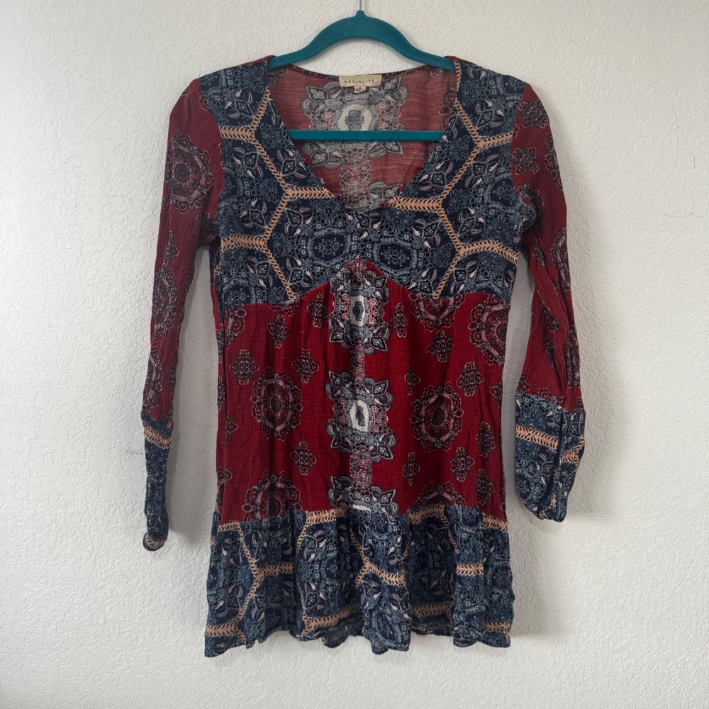 SOCIALITE Boho Paisley Print Tunic Dress Red Blue Tan Long Sleeve Women's M